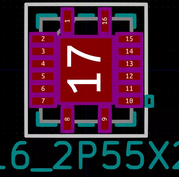 PCB layout view of chip footprint with silkscreen